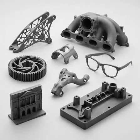 Assortment of industrial additive manufacturing parts including brackets, housings and fixtures
