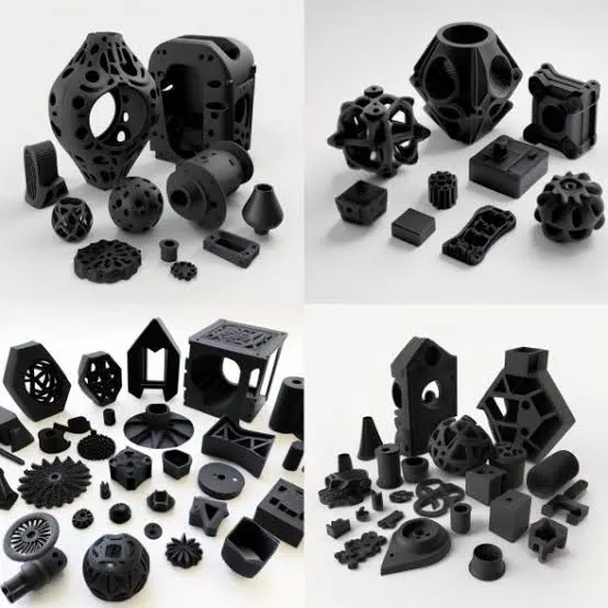 Collection of black 3D printed mechanical prototypes, brackets and housings